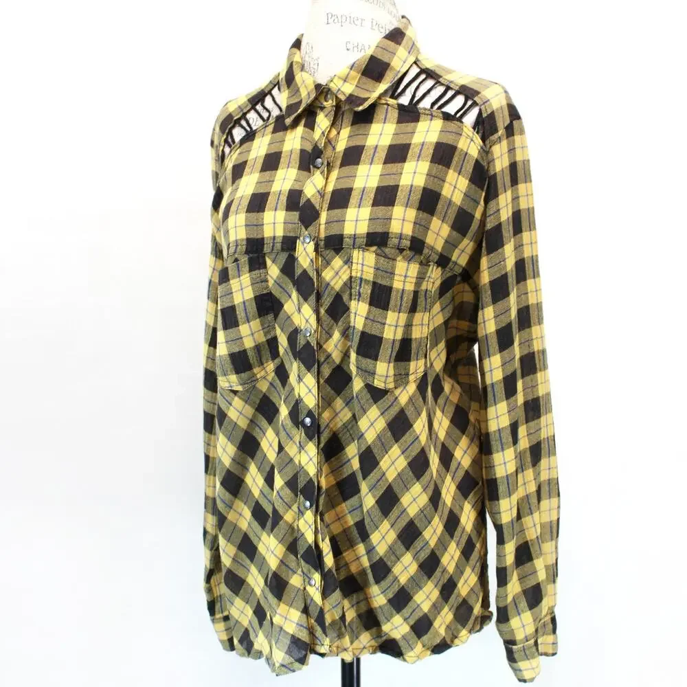 Free People Grunge Yellow Black Plaid Cutout Tunic Shirt Medium Modern